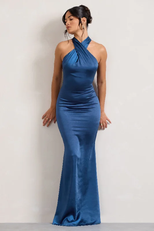 Step up your style with trendy women’s clothing Unstoppable | Navy Satin Cross Over Halterneck Maxi Dress Step up your style with trendy women’s clothing Unstoppable | Navy Satin Cross Over Halterneck Maxi Dress
