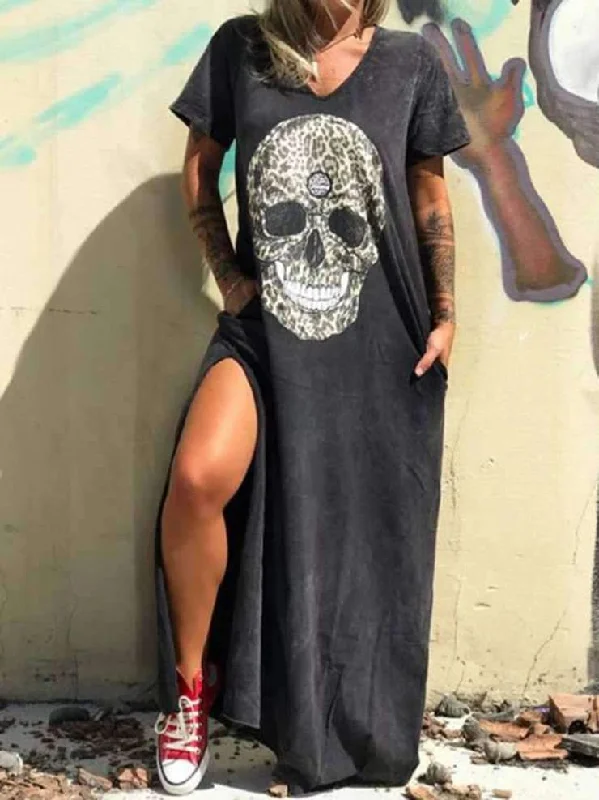 Versatile fashion options for every occasion V-neck Short-sleeved Skull Print Slit T-shirt Dress Versatile fashion options for every occasion V-neck Short-sleeved Skull Print Slit T-shirt Dress