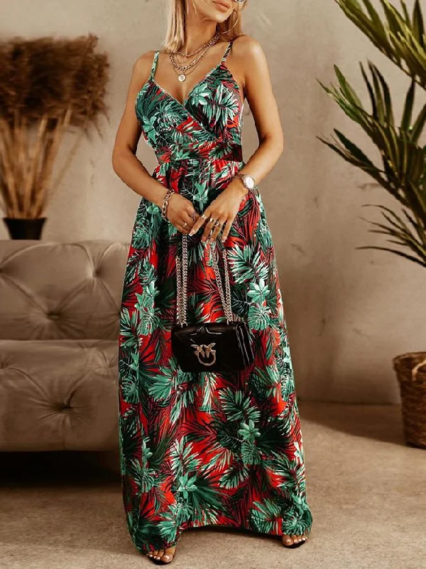 High-fashion styles at affordable prices   V-neck Sling Floral Bohemian Beach Dress
