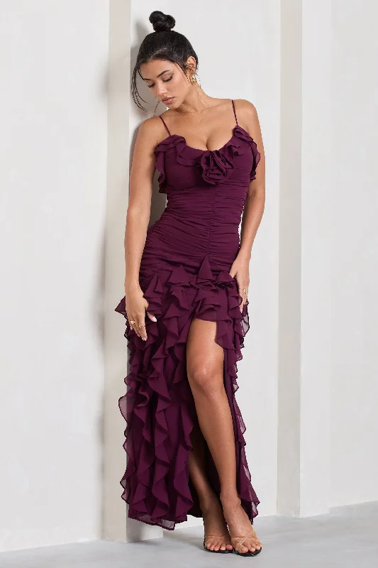 Stylish and comfortable outfits for women Walks Alone | Plum Ruched Strappy Split Maxi Dress With Ruffles Stylish and comfortable outfits for women Walks Alone | Plum Ruched Strappy Split Maxi Dress With Ruffles