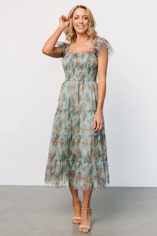 Sustainable fashion for stylish women Clementine Tulle Midi Dress | Sage Multi Floral Sustainable fashion for stylish women Clementine Tulle Midi Dress | Sage Multi Floral