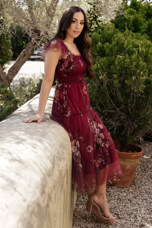 Everyday essentials for a stylish wardrobe   Clementine Tulle Midi Dress | Wine Multi