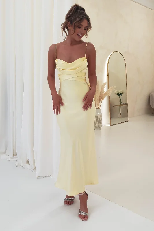 Soft, breathable fabrics for fashionable women Everleigh Soft Satin Midi Dress | Butter Yellow Soft, breathable fabrics for fashionable women Everleigh Soft Satin Midi Dress | Butter Yellow