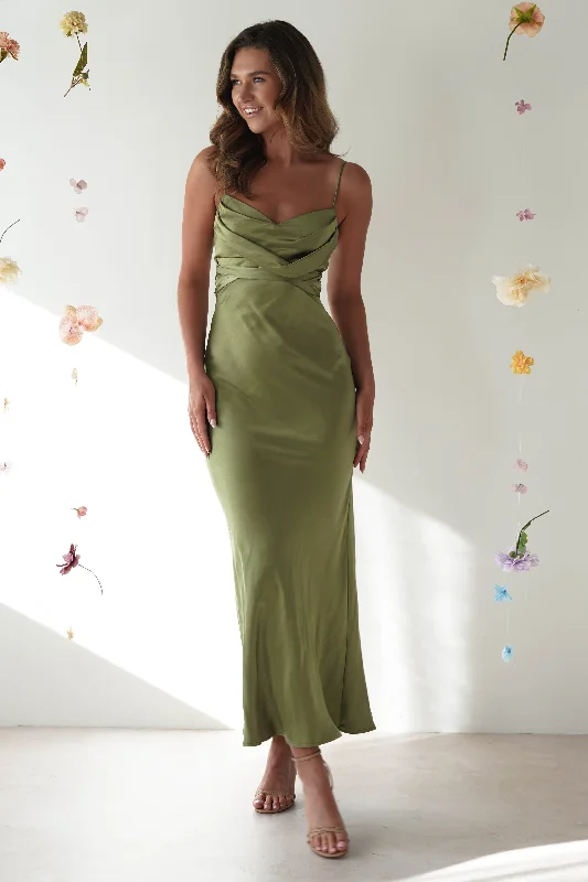 Chic, modern fashion for empowered women   Everleigh Soft Satin Midi Dress | Olive