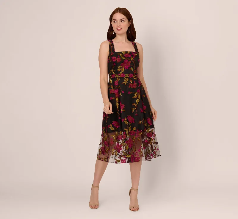 Stylish women’s clothing designed for comfort   Floral Embroidered Midi Dress With Sheer Hem In Pink Black