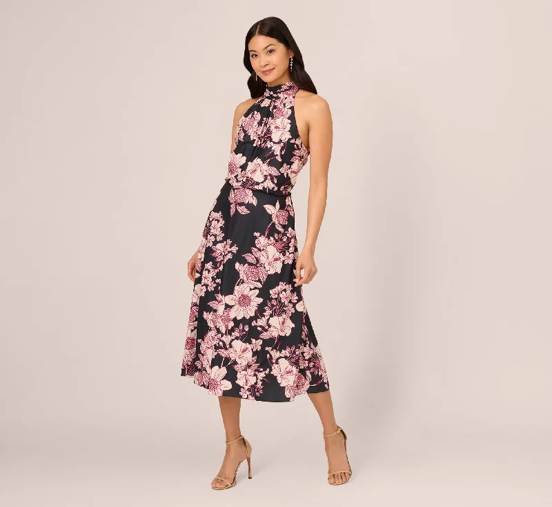 Versatile fashion options for every occasion Floral Print Halter Midi Dress With Mock Neckline In Black Multi Versatile fashion options for every occasion Floral Print Halter Midi Dress With Mock Neckline In Black Multi