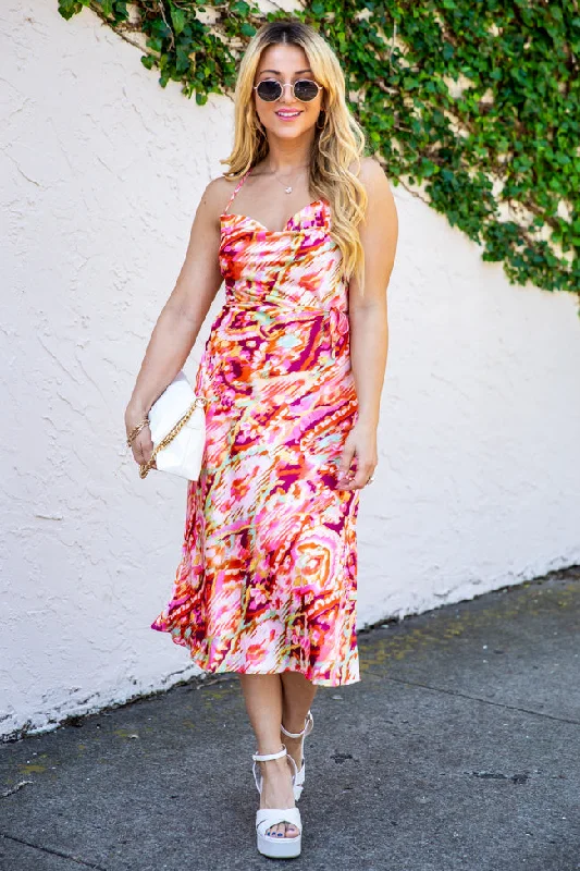 Feminine and fashionable clothing for every wardrobe In Full Bloom Abstract Print Cowl Neck Satin Floral Midi Dress FINAL SALE Feminine and fashionable clothing for every wardrobe In Full Bloom Abstract Print Cowl Neck Satin Floral Midi Dress FINAL SALE