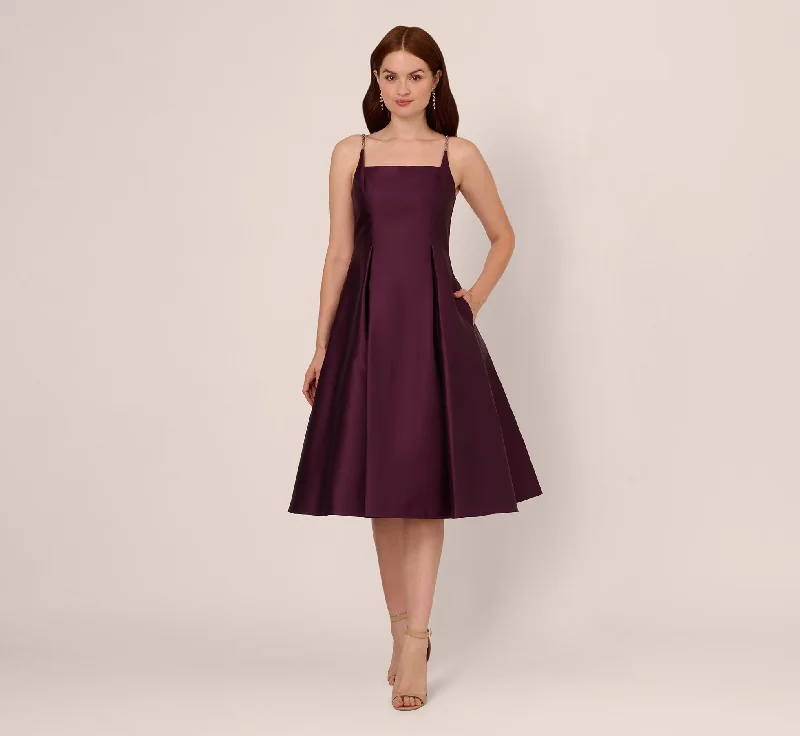 Luxurious fabrics and modern designs for women Mikado Midi Dress With Beaded Spaghetti Straps In Pinot Noir Luxurious fabrics and modern designs for women Mikado Midi Dress With Beaded Spaghetti Straps In Pinot Noir