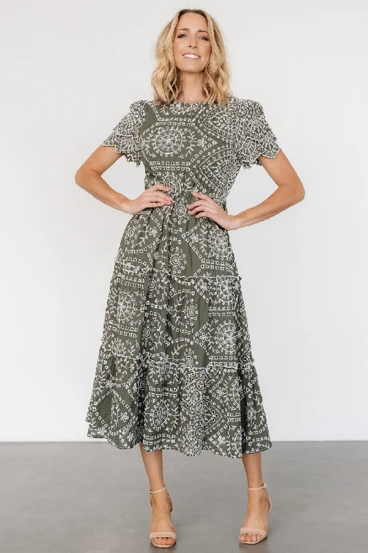 Premium quality women’s clothing at affordable prices Mirabel Eyelet Midi Dress | Olive + White Premium quality women’s clothing at affordable prices Mirabel Eyelet Midi Dress | Olive + White