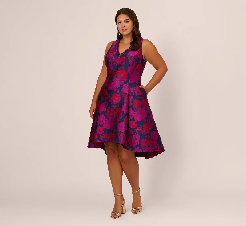 Statement pieces for the confident woman Plus Size Sleeveless Floral Jacquard Midi Dress With High Low Skirt In Navy Multi Statement pieces for the confident woman Plus Size Sleeveless Floral Jacquard Midi Dress With High Low Skirt In Navy Multi