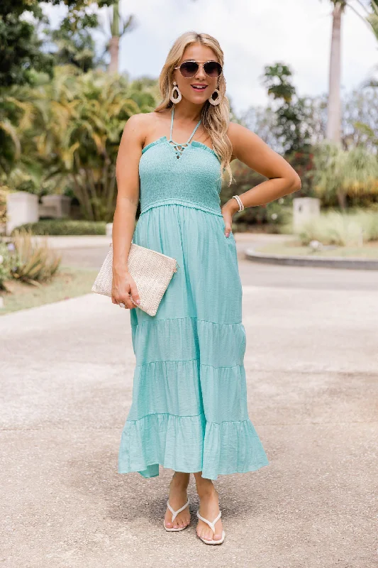 Confidence-boosting clothing for women Pretty And Poised Aqua Halter Midi Dress FINAL SALE Confidence-boosting clothing for women Pretty And Poised Aqua Halter Midi Dress FINAL SALE