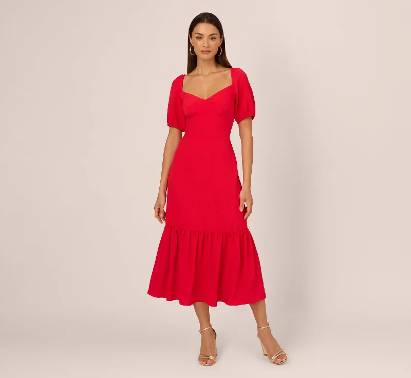 Dress to impress with elegant women’s wear Puff Sleeve Midi Dress With Flounce Hem In Scarlet Dress to impress with elegant women’s wear Puff Sleeve Midi Dress With Flounce Hem In Scarlet