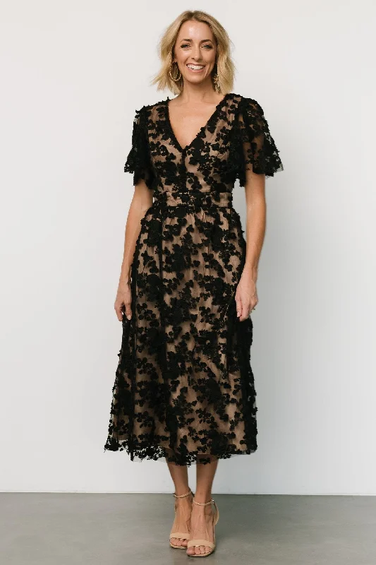 Feminine fashion to express your unique style Sadie Embroidered Midi Dress | Black + Nude Feminine fashion to express your unique style Sadie Embroidered Midi Dress | Black + Nude