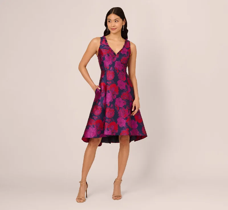 Timeless women’s fashion for any occasion Sleeveless Floral Jacquard Midi Dress With High Low Skirt In Navy Multi Timeless women’s fashion for any occasion Sleeveless Floral Jacquard Midi Dress With High Low Skirt In Navy Multi