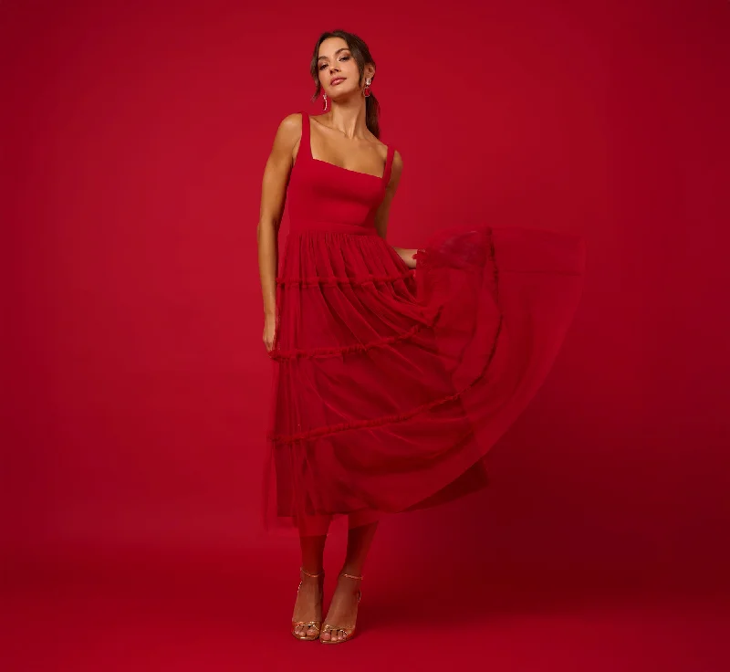 The ultimate destination for women’s clothing   Sleeveless Midi Dress With Square Neck And Tiered Skirt In Matador Red