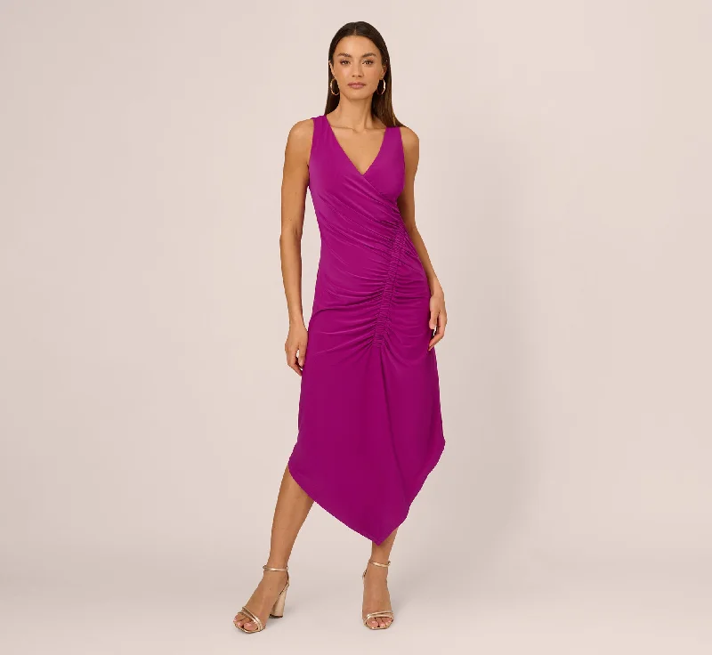 Latest fashion trends for modern women Sleeveless Shirred Jersey Midi Dress With Asymmetrical Hem In Wild Magenta Latest fashion trends for modern women Sleeveless Shirred Jersey Midi Dress With Asymmetrical Hem In Wild Magenta