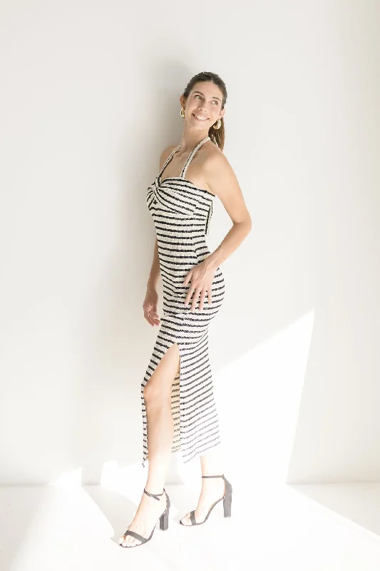 Designer-inspired women’s fashion at affordable prices Brooke Sleeveless Halter Tie Stripe Print Knit Maxi Dress Black Designer-inspired women’s fashion at affordable prices Brooke Sleeveless Halter Tie Stripe Print Knit Maxi Dress Black