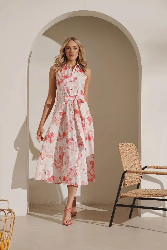 Premium quality women’s clothing at affordable prices Epic Midi Shirt Dress In White With Pink Floral Print Cotton Linen Premium quality women’s clothing at affordable prices Epic Midi Shirt Dress In White With Pink Floral Print Cotton Linen