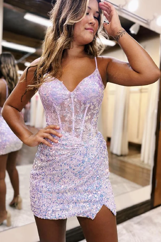 Fashion-forward women’s clothing on a budget   Glitter Lilac Bodycon Spaghetti Straps Short Party Dress
