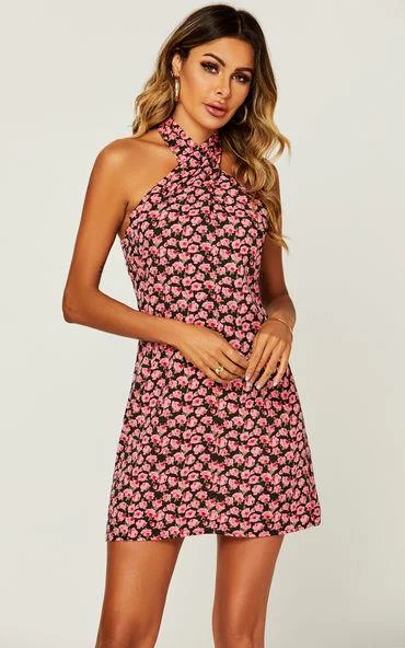 Fashion-forward styles that make a statement Halter Neck Back Detail Mini Dress In Pink Rose Print Fashion-forward styles that make a statement Halter Neck Back Detail Mini Dress In Pink Rose Print