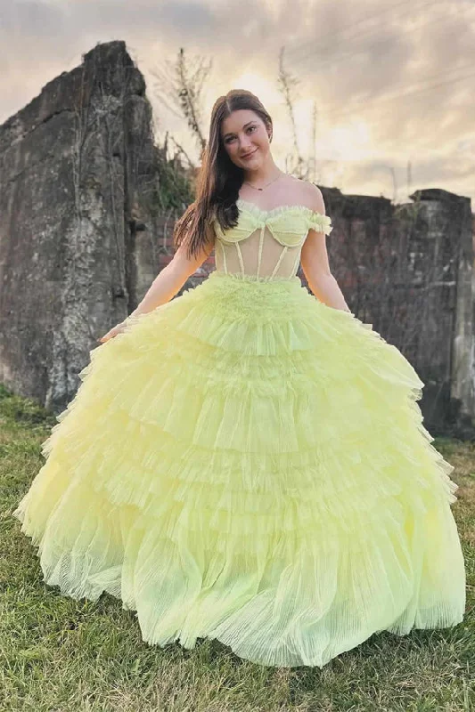 Stylish clothing designed to flatter every woman Off the Shoulder Light Yellow Ruffle Layered Prom Dress PSK480 Stylish clothing designed to flatter every woman Off the Shoulder Light Yellow Ruffle Layered Prom Dress PSK480