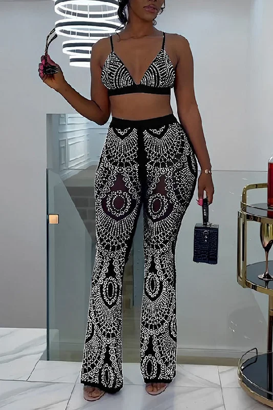 Create a timeless wardrobe with fashionable pieces Rhinestone Patchwork Party See-Through Pant Suit Create a timeless wardrobe with fashionable pieces Rhinestone Patchwork Party See-Through Pant Suit