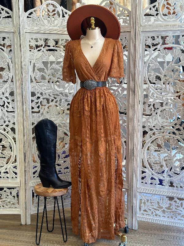 Stylish women’s clothing designed for comfort Sheer Embroidered Rust Maxi Dress - Estira, Stretchy Stylish women’s clothing designed for comfort Sheer Embroidered Rust Maxi Dress - Estira, Stretchy