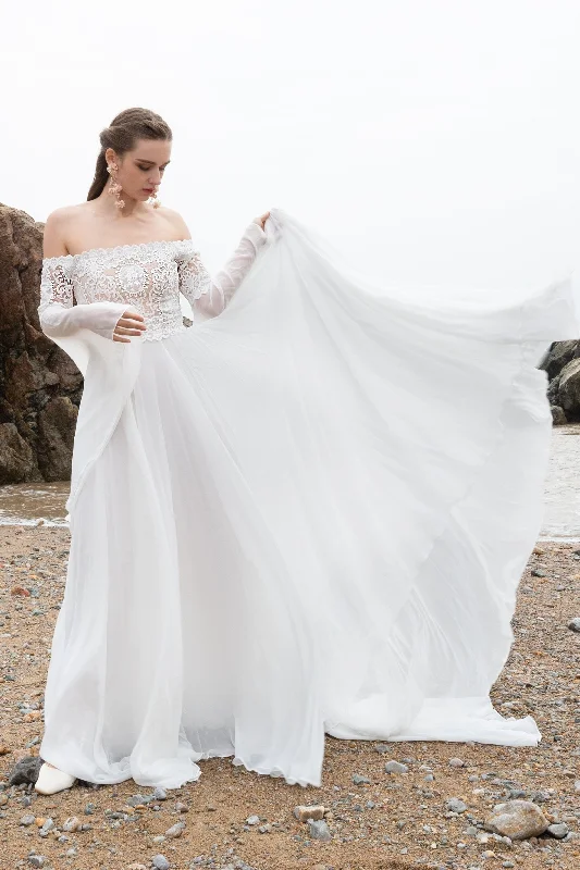 Feminine fashion to express your unique style A-Line Court Train Chiffon Lace Wedding Dress CW2223 Feminine fashion to express your unique style A-Line Court Train Chiffon Lace Wedding Dress CW2223