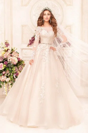 Refresh your closet with chic and comfy styles A-Line Floor-Length Scoop Long-Sleeve Low-V-Back Lace Dress With Appliques And Waist Jewellery Refresh your closet with chic and comfy styles A-Line Floor-Length Scoop Long-Sleeve Low-V-Back Lace Dress With Appliques And Waist Jewellery