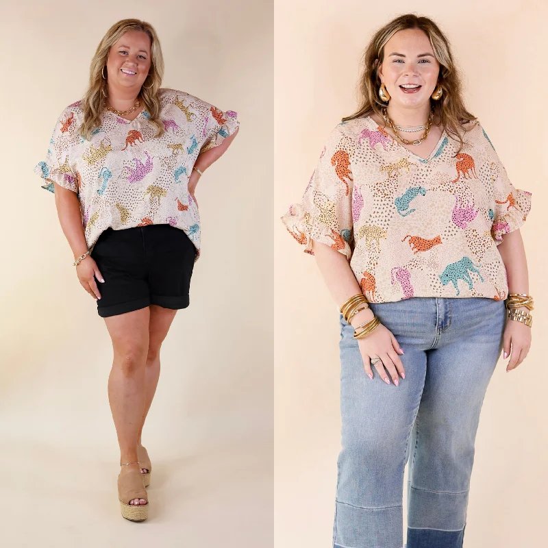 Chic and comfortable clothing for busy women Best Version Cheetah Print V Neck Top with Ruffle Short Sleeves in Beige Mix Chic and comfortable clothing for busy women Best Version Cheetah Print V Neck Top with Ruffle Short Sleeves in Beige Mix