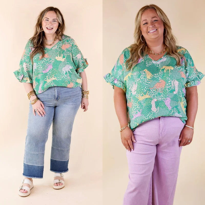 Get noticed with eye-catching women’s fashion Best Version Cheetah Print V Neck Top with Ruffle Short Sleeves in Green Mix Get noticed with eye-catching women’s fashion Best Version Cheetah Print V Neck Top with Ruffle Short Sleeves in Green Mix