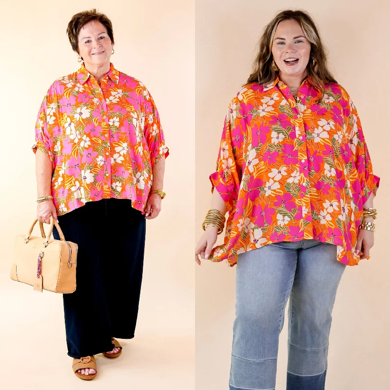 Curated collections for modern, fashionable women Bright Lifestyle Button Up Half Sleeve Floral Poncho Top in Orange Mix Curated collections for modern, fashionable women Bright Lifestyle Button Up Half Sleeve Floral Poncho Top in Orange Mix