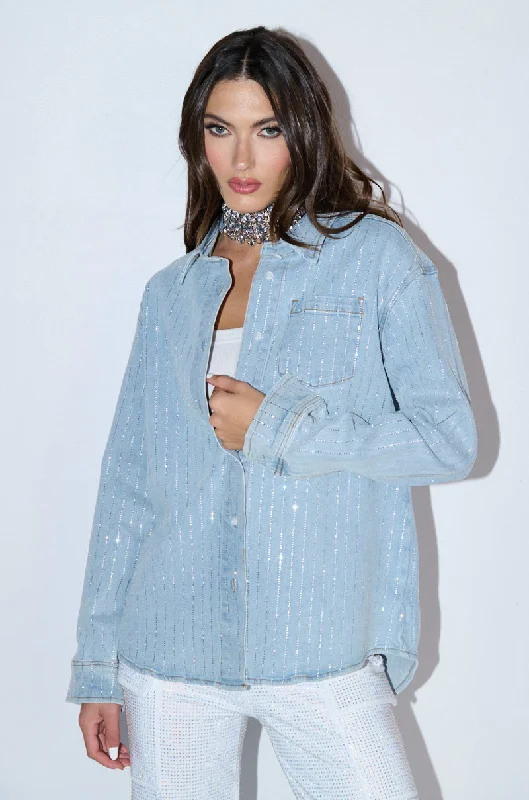 Clothing that’s as bold as you are   EFFORTLESS GLAM RHINESTONE STRIPE DENIM BUTTON DOWN