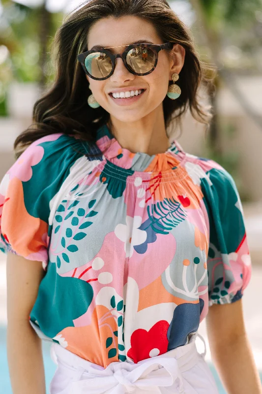 Affordable stylish women’s fashion collection   Feeling Fun Jade Green Floral Bubble Sleeve Blouse