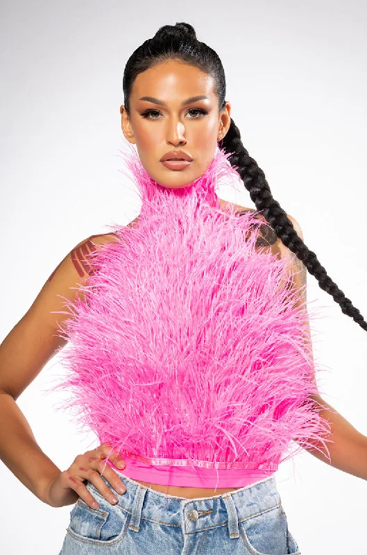 Stylish clothing designed to flatter every woman GENUINE OSTRICH FEATHER SLEEVELESS CROPPED HALTER BLOUSE Stylish clothing designed to flatter every woman GENUINE OSTRICH FEATHER SLEEVELESS CROPPED HALTER BLOUSE