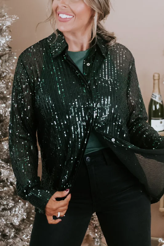 Feminine silhouettes for the modern woman   Give Me Sequin Button Up Blouse , Green