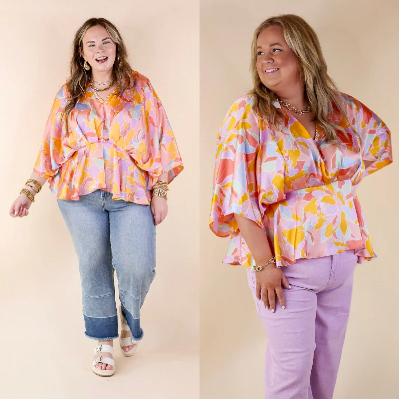 Women’s clothing to inspire confidence and beauty Hear the Music Drop Sleeve Satin Mosaic Print V Neck Peplum Top in Coral Pink Mix Women’s clothing to inspire confidence and beauty Hear the Music Drop Sleeve Satin Mosaic Print V Neck Peplum Top in Coral Pink Mix