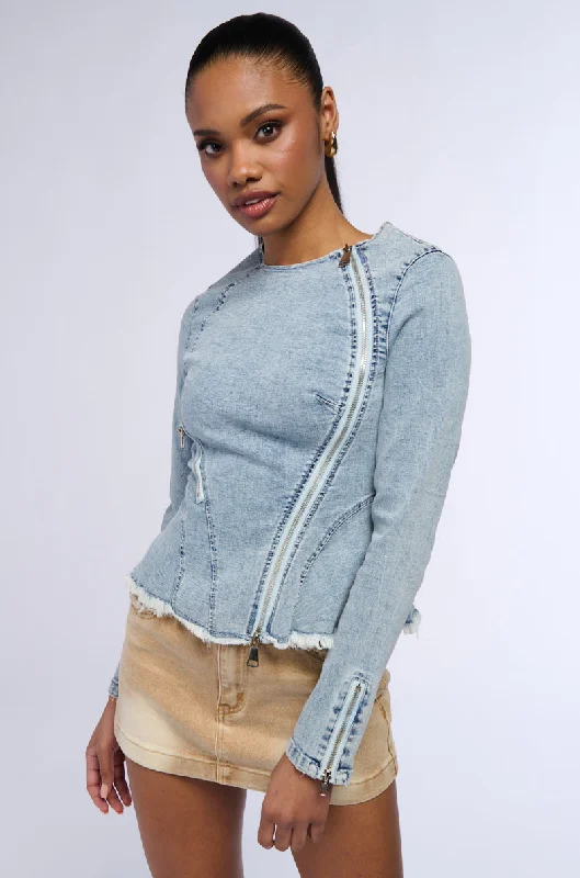 Fashionable clothing to fit every body type   MIRROR MIRROR DENIM PEPLUM BLOUSE