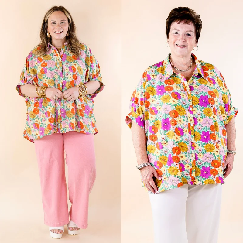 Chic, modern looks for the stylish woman Pretty Days Floral Print Button Up Poncho Top with Short Sleeves in Cream Chic, modern looks for the stylish woman Pretty Days Floral Print Button Up Poncho Top with Short Sleeves in Cream