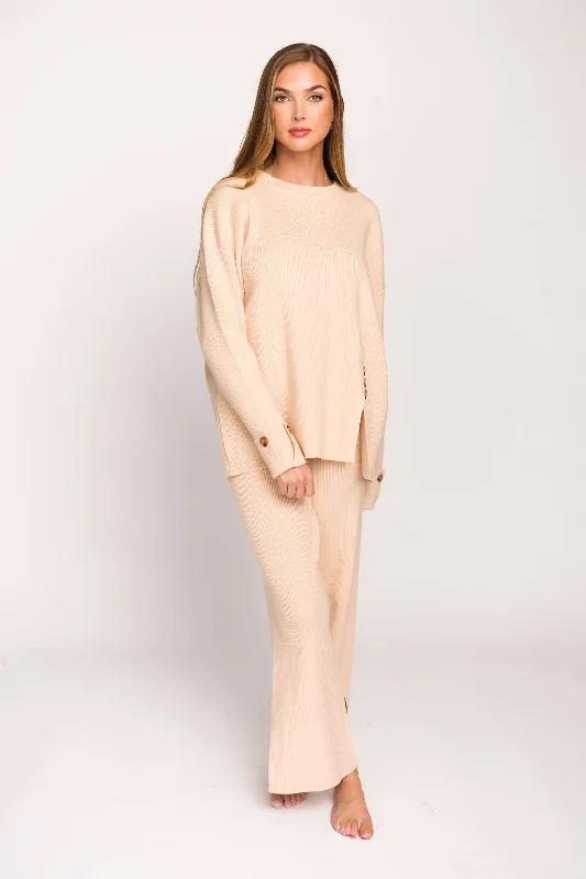 Bold fashion choices for the confident woman Theresa Side Button Detailed Knit Sweater and Pants Set in Champagne Bold fashion choices for the confident woman Theresa Side Button Detailed Knit Sweater and Pants Set in Champagne