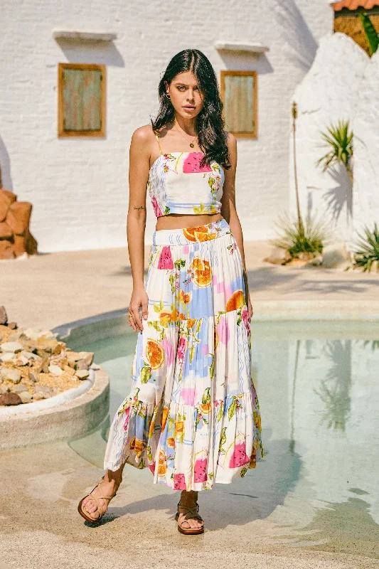 Curated collections of sophisticated women’s wear Tutti Blue Tropical Tiered Maxi Skirt Curated collections of sophisticated women’s wear Tutti Blue Tropical Tiered Maxi Skirt