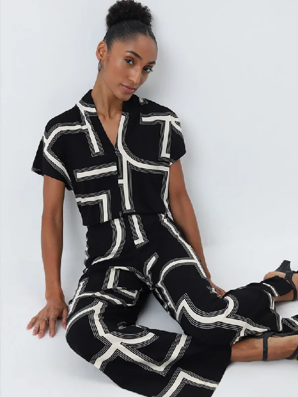 Elegant evening wear for special events Wardrobe Black Abstract Printed High-Rise Pants Elegant evening wear for special events Wardrobe Black Abstract Printed High-Rise Pants