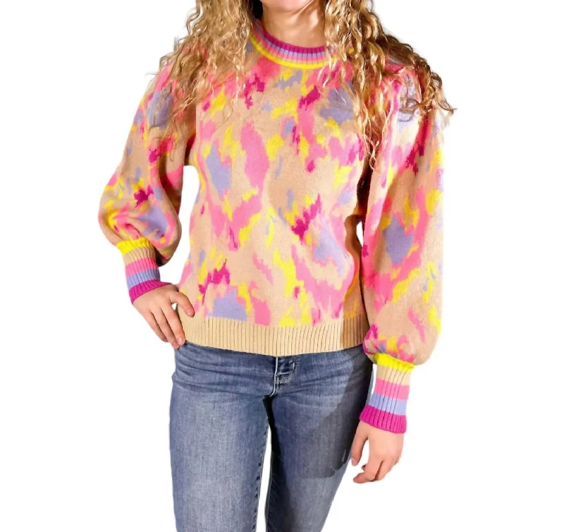 Luxurious fabrics and modern designs for women Abstract Print Balloon Sleeve Sweater In Multicolor Luxurious fabrics and modern designs for women Abstract Print Balloon Sleeve Sweater In Multicolor