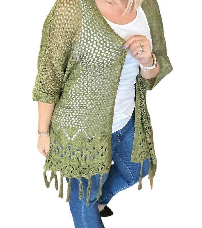 Elevate your style with fashionable women’s clothing   Amanda Crocheted Cardigan In Olive