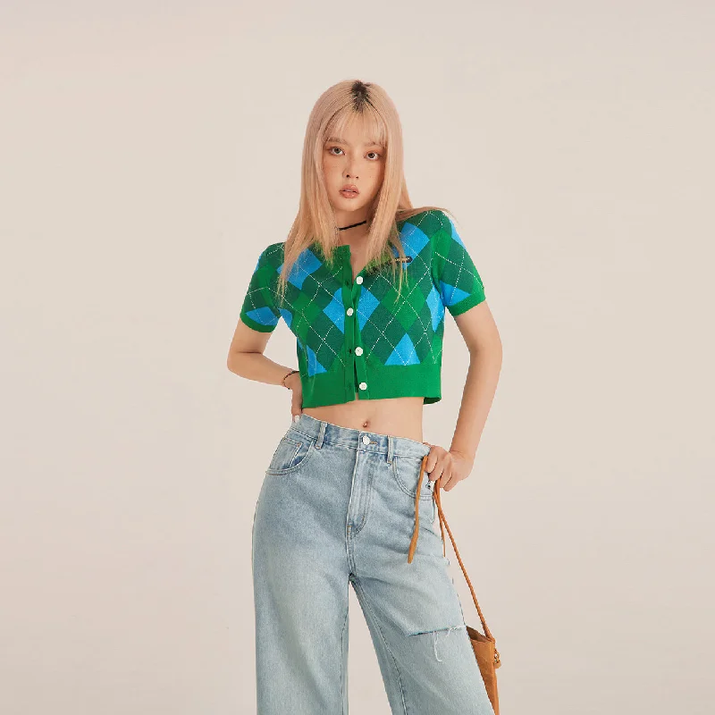 Modern fashion pieces designed for all women   Argyle Short-Sleeved Crop Cardigan