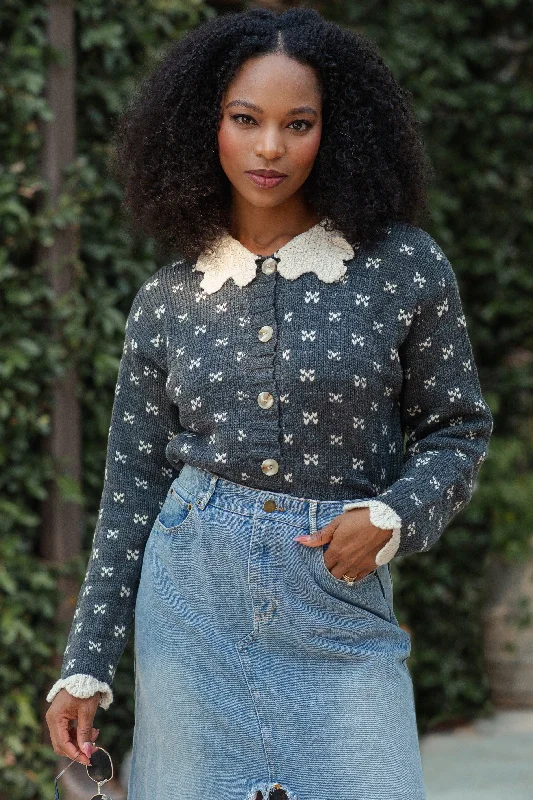 Trendy women’s clothing    Charcoal Doll Collar Button Up Sweater Cardigan