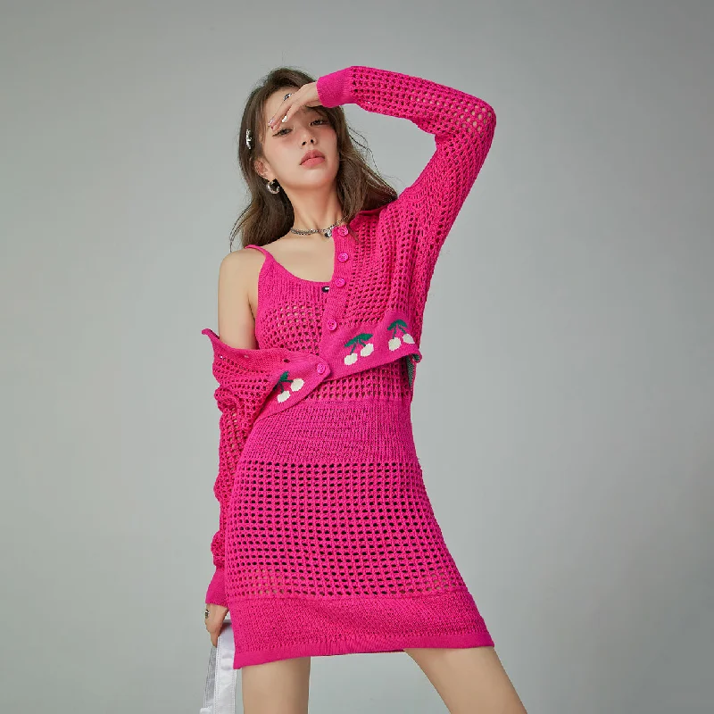 High-fashion styles at affordable prices   Hot Pink Cherry Crochet Crop Cardigan