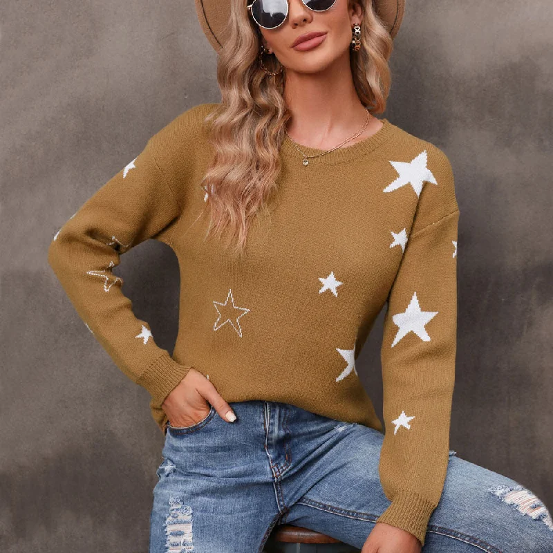 Everyday essentials for a stylish wardrobe Cozy Camel Round Neck Long Sleeve Star Jacquard Knit Sweater Everyday essentials for a stylish wardrobe Cozy Camel Round Neck Long Sleeve Star Jacquard Knit Sweater