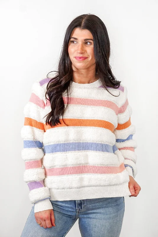 Effortlessly chic fashion for today’s woman   Fuzzy Striped Cream Multicolor Sweater