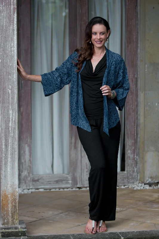 Everyday essentials for a stylish wardrobe Indigo Garden Blue Javanese Batik Rayon Kimono Jacket Everyday essentials for a stylish wardrobe Indigo Garden Blue Javanese Batik Rayon Kimono Jacket
